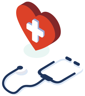 Illustration of a heart with a plus sign alongside a stethoscope