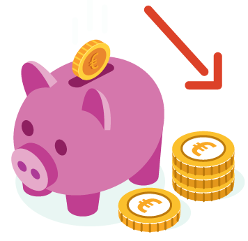 Illustration of a piggy bank with some euro coins alongside an an arrow pointing diagonally down