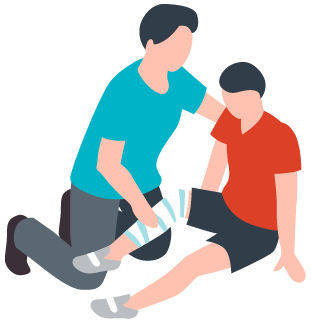 Illustration of an adult knelling next to and helping a younger person who is sitting and has a bandage on their leg