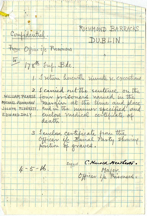 British Army note on executions of William Pearse, Michael O'Hanrahan, Joseph Plunkett, Edward Daly