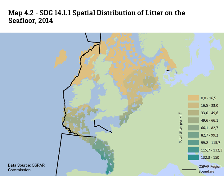 Map of EU countries showing areas of spacial distribution of litter on the seafloor
