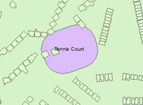 Example showing urban features including building polygons and outline of a vegetation polygon, in this case a tennis court