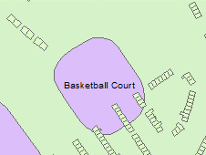 Example showing urban features including building polygons and outline of a artificial polygon, in this case a basketball court