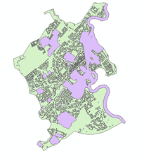Example showing full BUA with  features including building polygons, water polygons, vegetation polygons and artificial polygons