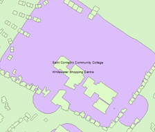 Example showing urban features including building polygons and outline of a site polygon, in this case a shopping complex and school
