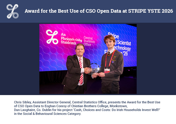 Winner of the Award for the Best Use of CSO Open Data, Eoghan Conroy of Christian Brothers College, Monkstown, Co. Dublin. Hi project 'Cash, Choices and Costs: Do Irish Households Invest Well?' won in the Social & Behavioural Sciences Category.
