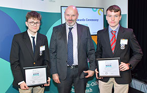 Order of Merit Prizewinners Keith Ahern and Josh Baker form Blackrock College with Paul Morrin CSO