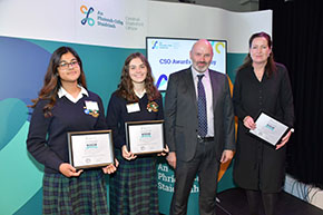 Order of Merit Prizewinners Cleo Gallen and Zaniab Shahid with their teacher Niamh McNally of Loreto Scho