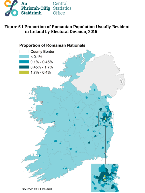 Figure 5.1 Proportion of Romanian Population Usually Resident in Ireland by Electoral Division, 2016