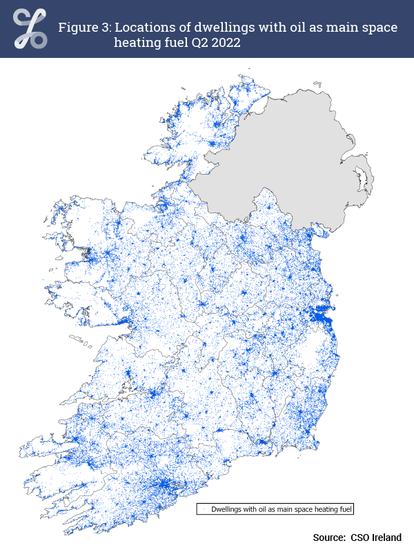 Figure 3 Locations of dwellings with oil as main space heating fuel Q2 2022