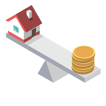 A miniature house and a pile of coins balance at opposite ends of a flat beam which acts as a scales
