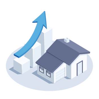 A house sits in front of a bar chart of the same scale with an arrow pointing upwards along the chart