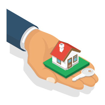 A hand outstretched holding a miniature house and a key