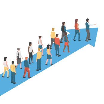 A group of people walking along a giant arrow that points diagonally upwards