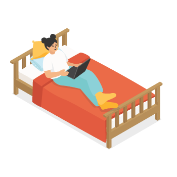 A young adult sitting up on a bed using a laptop