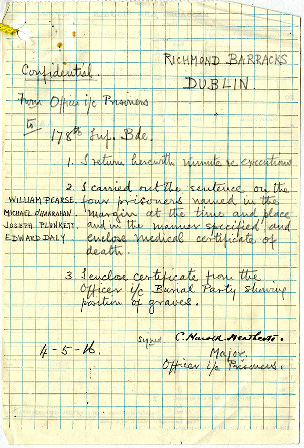 Sentence of death on Pearse, O'Hanrahan, Plunkett, Daly