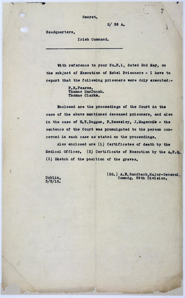 British Army note of executions of Padraig Pearse, Thomas McDonagh, Thomas Clark