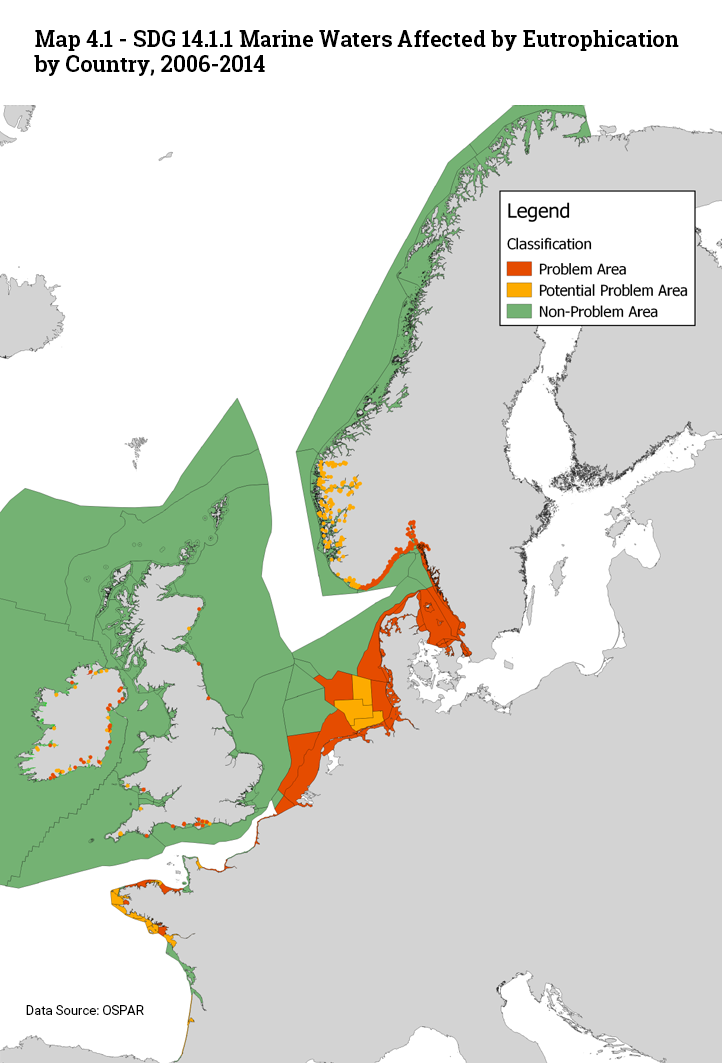Map of Ireland, UK and other EU countries showing areas of eutrophication