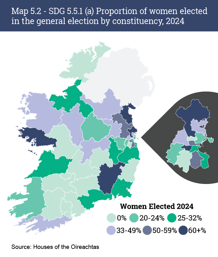Map 5.2 displays the proportion of women elected in the general election by constituency in 2024 and this data is from Table 5.6.