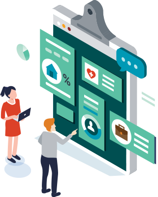 A giant clipboard with graphs and charts stands beside a woman with a clipboard and a man who is pointing