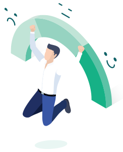A green gauge going from an unhappy face to a neutral face to a happy face with a person under the gauge jumping with their arms in the air