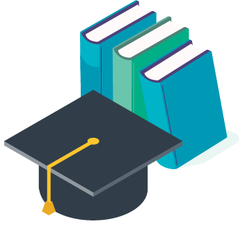 Illustration of  3 books alongside a graduates mortarboard hat