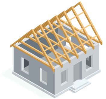 Illustration of a partially constructed house with roofing beams visible