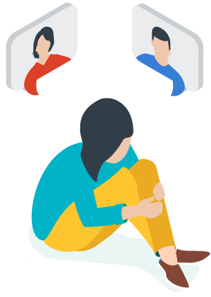 Illustration of a person sitting, hugging their legs while 2 separate speech bubbles showing head and shoulders of another person in each float above their head