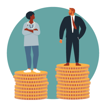 Two people standing on stacks of giant coins. The casually dressed person stands on a smaller stack of coins than the person wearing a suit.