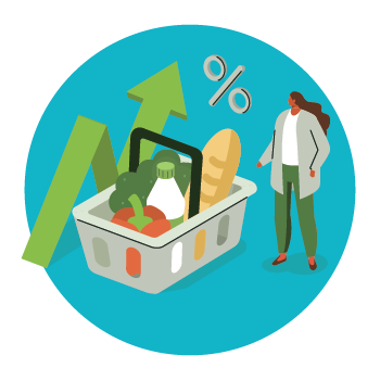 a person stands next to a giant shopping basket full of food items. A giant arrow pointing up and a percentage sign are in the background.
