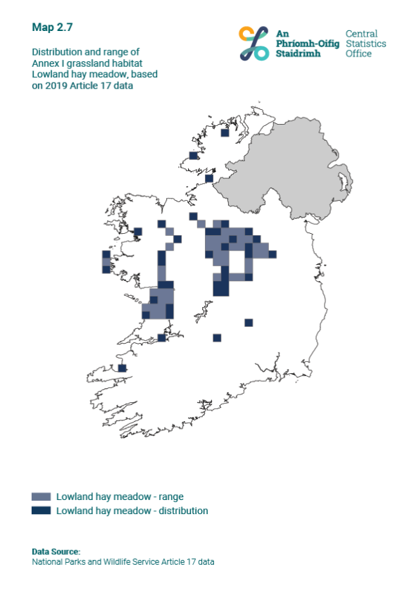 Map 2.7 Distribution and range of Annex I habitat Lowland hay meadow, based on 2019 Article 17 data