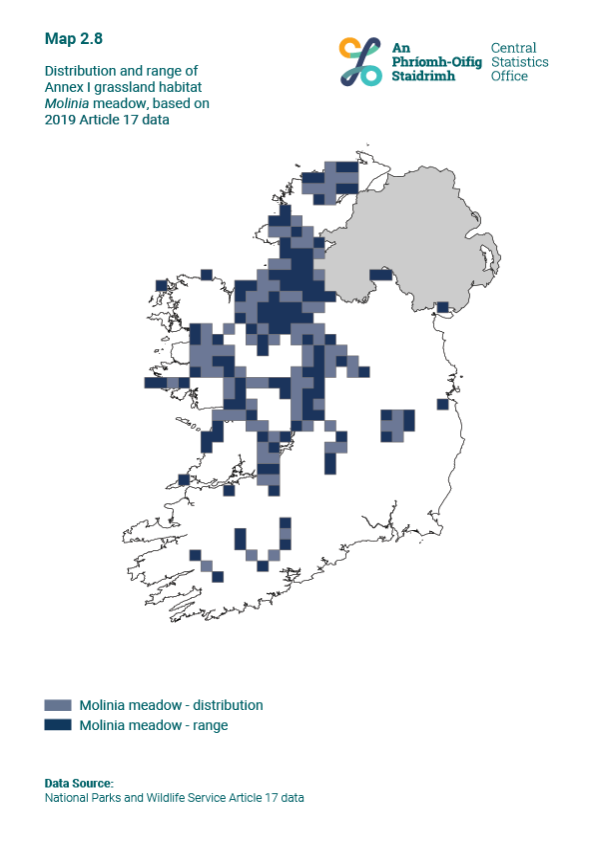Map 2.8 Distribution and range of Annex I habitat Molinia meadow, based on 2019 Article 17 data