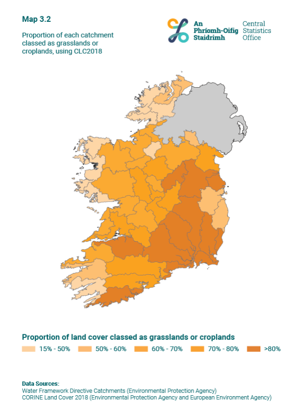 Map 3.2 Proportion of each catchment classed as grasslands or croplands, using CLC2018