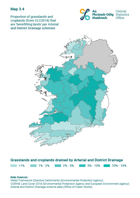 Map 3.4 Proportion of grasslands and croplands (from CLC2018) that are 'benefitting lands' per Arterial and District Drainage schemes