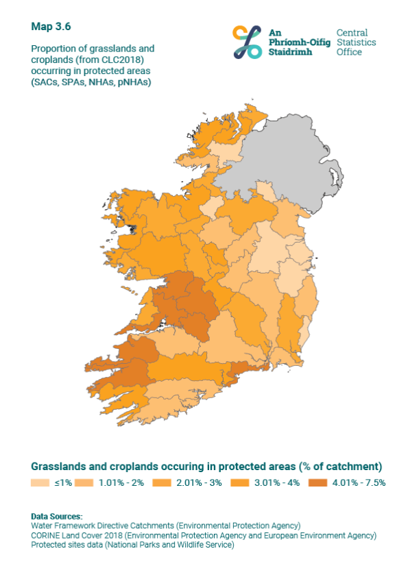 Map 3.6 Proportion of grasslands and croplands (from CLC2018) occurring in protected areas (SACs, SPAs, NHAs, pNHAs)