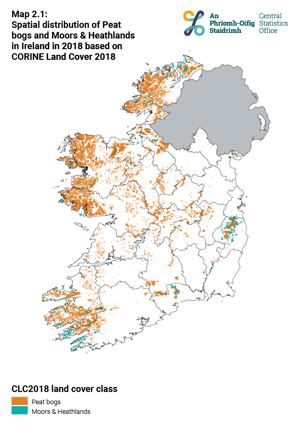 Map 2.1 Spatial extent of Peat bogs and Moors & Heathlands in Ireland in 2018 based on CORINE Land Cover 2018