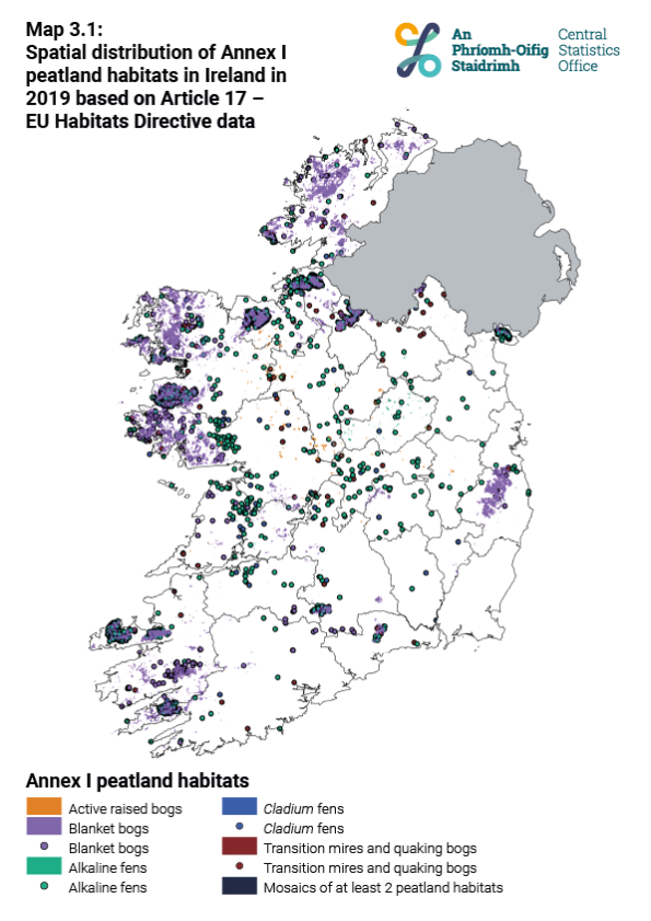 Spatial extent of the peatlands in Ireland in 2019 based on Annex I habitats of Article 17 - EU Habitats Directives data