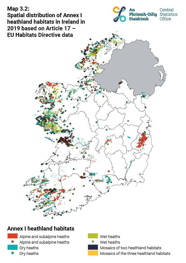 Spatial extent of heathlands in Ireland in 2019 based on Annex I habitats of Article 17 - EU Habitats Directives data