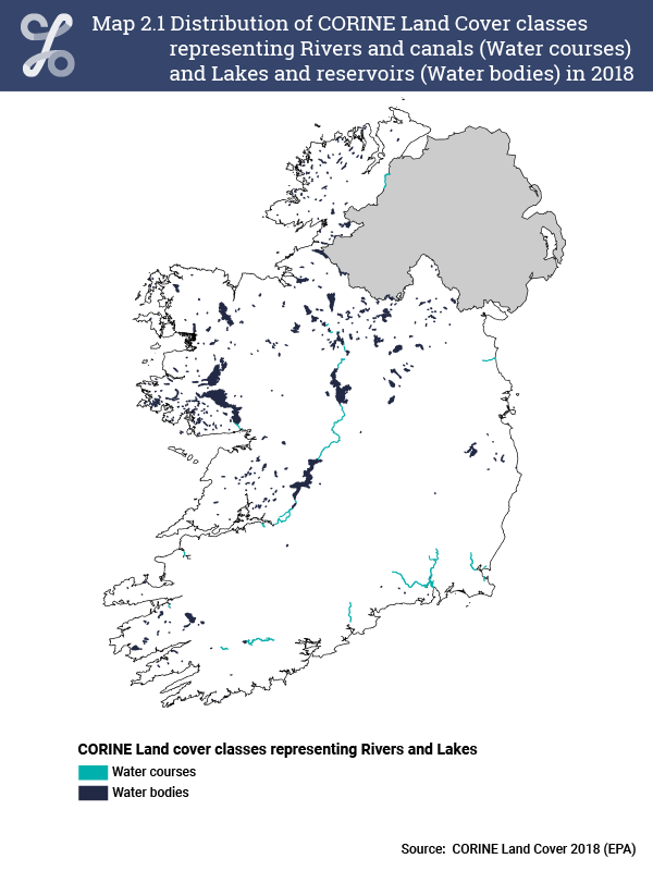 Map 2.1 Distribution of CORINE Land Cover classes representing rivers and lakes, using CLC2018