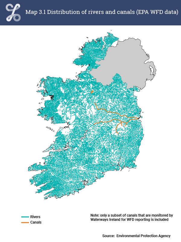 Map 3.1 Distribution of rivers and canals, using EPA WFD data