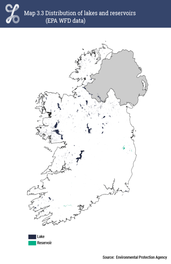 Map 3.3 Distribution of lakes and reservoirs, using EPA WFD data