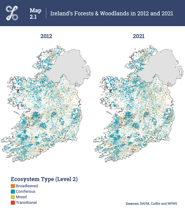 Map 2.1 Ireland's Forests & Woodlands in 2012 and 2021