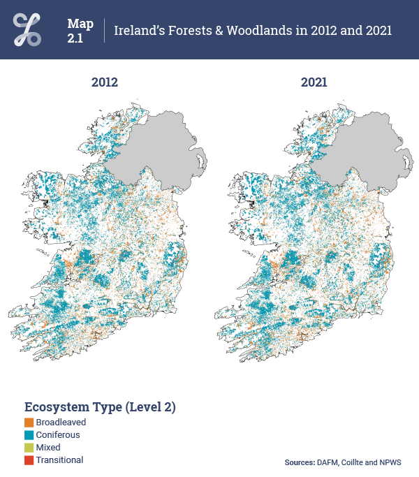 Map 2.1 Ireland's Forests & Woodlands in 2012 and 2021