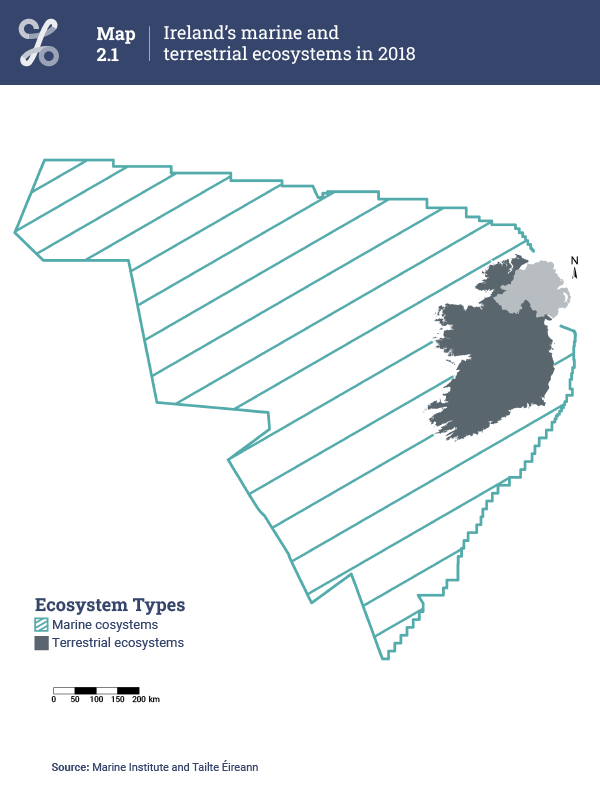 Ireland's terrestrial and transitional ecosystems are represented in grey. Marine ecosystems are in dashed blue. Marine ecosystems have an area 10 times bigger than transitional and terrestrial ecosystems together.
