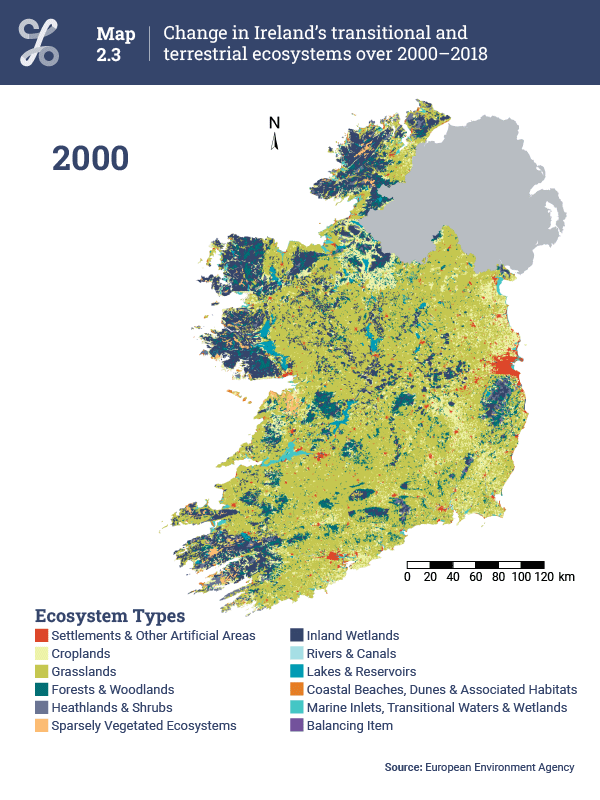 This figure is an animated map representing the change in terrestrial and transitional ecosystem types over 2000, 2006, 2012, and 2018. The spatial distribution of ecosystem did not really change over time.  We can notice a slight increase in the density of urban areas, especially around Dublin.
