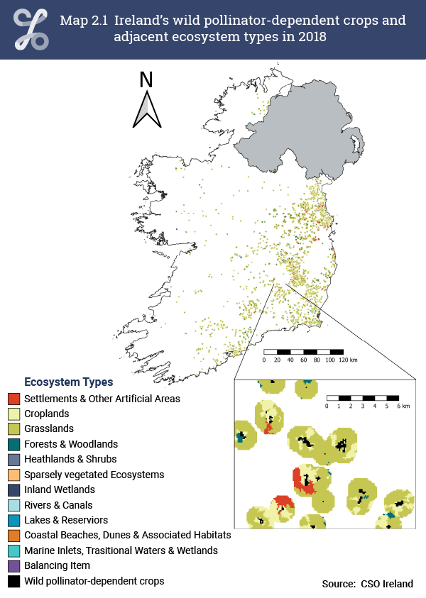 Map 2.1 Ireland's wild pollinator-dependent crops and adjacent ecosystem types in 2018