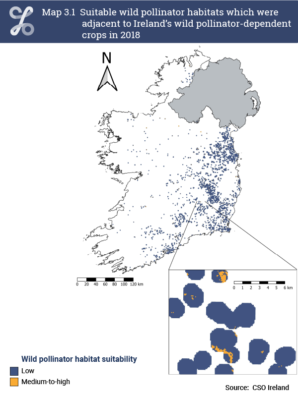 Map 3.1 Suitable wild pollinator habitats which were adjacent to Ireland's wild pollinator-dependent crops in 2018