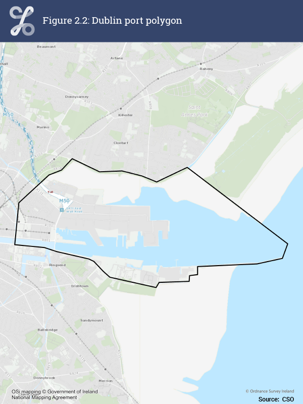 Dublin port polygon.  Shows the area used to define Dublin Port for this project.  Areas is defined by North and South Bull walls and covers an area of Dublin city as far west as Samuel Beckett Bridge.  This area is not confined to area of port activities or navigation areas. 