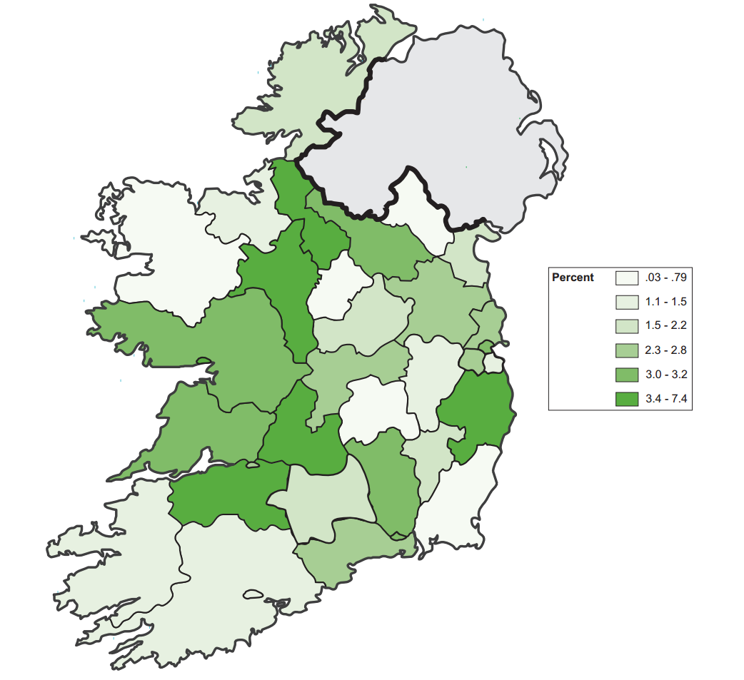 Map 1 CensusAtSchool Phase 12 participation as a percentage of student population classified by Administrative County