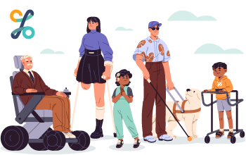 Illustration of people with different disabilities and access needs, including a wheelchair user, a guide dog user, a young child, and a person using a walking aid.